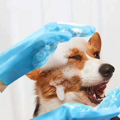 Pet Bathing Glove - Silicone Scrubber Mitt for Dogs & Cats, Massage & Deshedding, Waterproof (Blue/Pink)